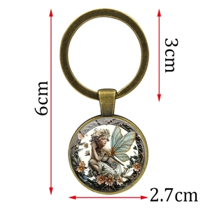 Vintage bronze fairy angel glass cabochon keychain with 6cm length and 3cm ring size