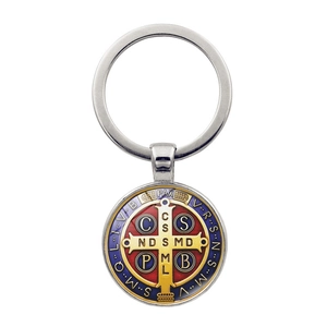 Detail view of Saint Benedict Medal keychain with red and blue enamel and gold cross