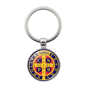 Saint Benedict medal keychain with colorful cross design and polished metal ring
