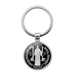 Round silver St. Benedict medal keychain in polished stainless steel for car and bag