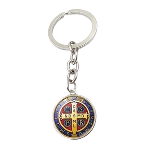 Saint Benedict Medal keychain with red and blue enamel in polished metal finish