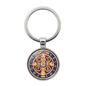 Silver St. Benedict Medal keychain with red and blue enamel inlay on white background