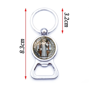 Saint Benedict religious medal keychain with bottle opener function in silver metal