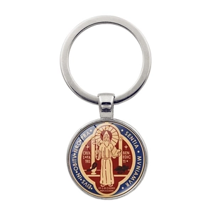 Detailed close-up of Saint Benedict Medal keychain with red and blue enamel finish