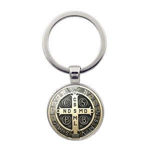 Saint Benedict Medal keychain with two-tone silver and bronze religious pendant