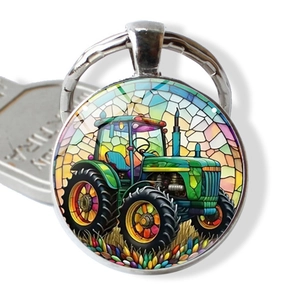Porte-clés en Métal Tracteur Vert Style Vitrail Anneau Rond en Alliage de Zinc pour Amateurs d'Agriculture Cadeau Accessoires