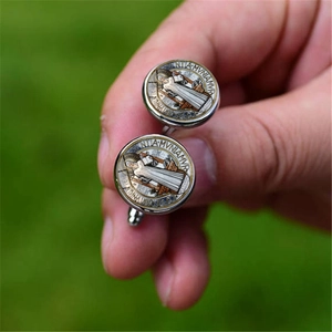 Silver Saint Benedict Medal cufflinks for men's shirts featuring religious vintage engravings