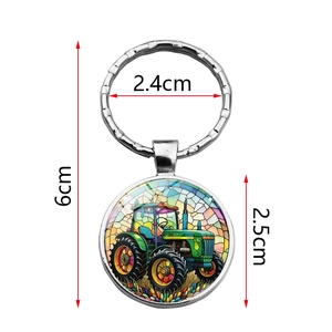 Porte-clés en alliage de zinc avec tracteur style vitrail et pendentif rond de 2,5 cm