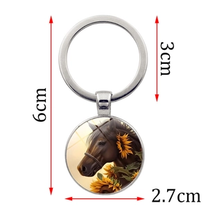 Porte-clés équestre en verre avec motif de cheval et tournesol et anneau en argent