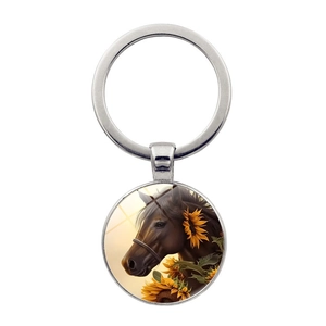 Porte-clés Vintage Équestre Cheval Tournesol Gemme de Temps Alliage de Zinc Verre Pendentif Rond Accessoire de Sac Cadeau