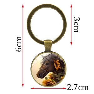 Porte-clés vintage en bronze avec pendentif cheval et tournesol, longueur totale 6cm