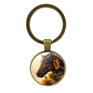 Porte-clés en bronze vintage avec pendentif dôme en verre cheval et fleurs de tournesol