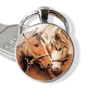 Zinc Alloy Double Horse Glass Cabochon Keychain Creative Animal Bag Charm Hanging Ornament Couple Jewelry Gift