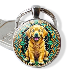 Golden Retriever Dog Keychain Zinc Alloy Glass Mandala Pattern Pet Lover Gift Animal Bag Pendant Jewelry Key Ring