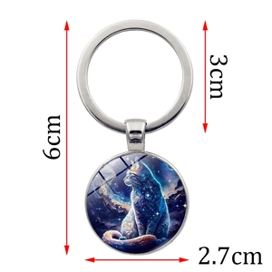 Portachiavi gatto galassia cosmica con gemma del tempo e anello in metallo argento