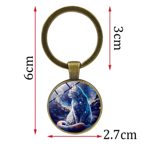 Portachiavi gatto stellato in vetro cabochon con anello in bronzo, dettagli taglia 6cm