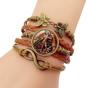 Bracciale Multistrato in Pelle Intrecciata Vintage San Michele Arcangelo Farfalla Simbolo Infinito Gioielli Religiosi Regalo