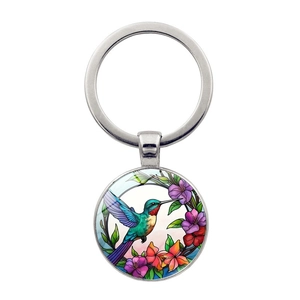 Porte-clés en Métal Motif Colibri et Fleurs Style Vitrail Vintage en Alliage de Zinc avec Cabochon en Verre Rond Cadeau