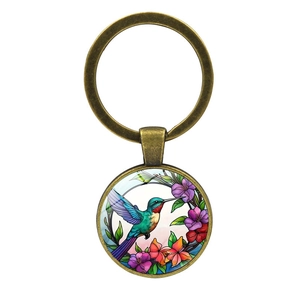 Porte-clés pendentif cabochon en verre avec colibri et fleurs rétro en bronze et métal
