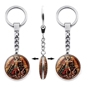 Porte-clés Archange Saint Michel Rotatif Double Face Cabochon de Verre Alliage de Zinc Anneau de Clé Cadeau Religieux Chrétien