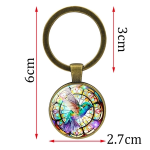 Portachiavi colibrì in vetro stile vintage, lunghezza 6cm e anello da 3cm di diametro