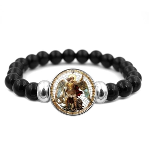 Archangel Saint Michael beaded elastic bracelet with black stones and religious center charm