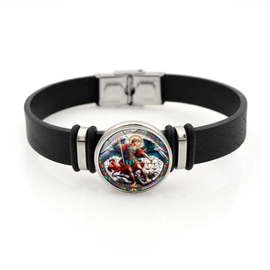 Detail of St. Michael Archangel black braided leather bracelet with stainless steel clasp