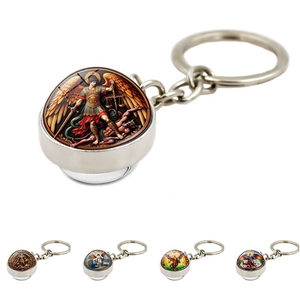 Portachiavi con Sfera di Vetro a Doppia Faccia Arcangelo San Michele Portachiavi in Metallo Gioielli Religiosi Regalo per Uomo Donna