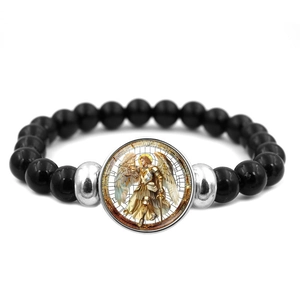 Saint Michael Archangel beaded bracelet with black beads and religious glass pendant