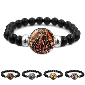 Saint Michael Archangel Beaded Bracelet Black Glass Cabochon Religious Prayer Jewelry Alloy Silver Spacers For Men Women