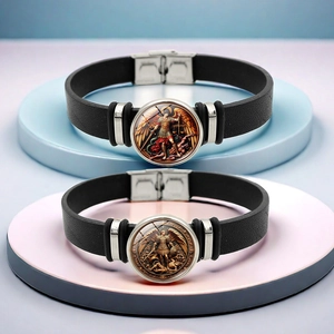 Archangel Michael Religious Saint Michael Leather Bracelet Alloy Glass Pendant Vintage Men Women Jewelry Gift