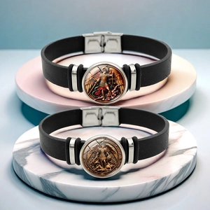 Archangel Michael black leather bracelet with religious metal medallion ornament