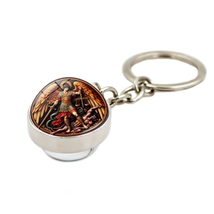 Portachiavi con sfera in vetro cristallo Arcangelo Michele e base in metallo argento