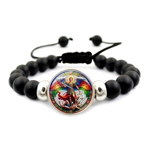 Bracciale con perline Arcangelo San Michele con pietre nere opache e dettagli argento