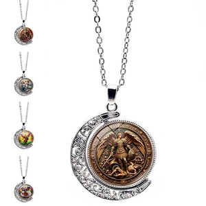 Vintage St Michael Archangel Necklace Alloy Moon Crescent Rotating Glass Dome Religious Pendant Jewelry For Men Women