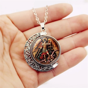 Archangel Saint Michael rotating double-sided moon pendant necklace with silver chain