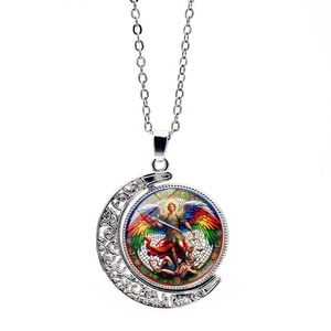 Detailed close-up of Archangel Michael rotating double-sided moon pendant necklace