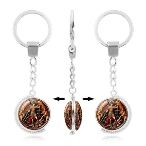 Archangel Michael Keychain Alloy Glass Rotating Double Sided Religious Guardian Angel Saint Pendant Key Ring For Gift