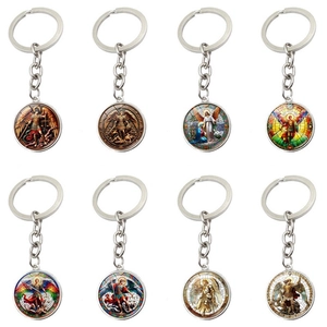 St Michael Archangel Religious Metal Keychain Silver Alloy Glass Cabochon Pendant Key Ring For Everyday Jewelry Gift Men Women