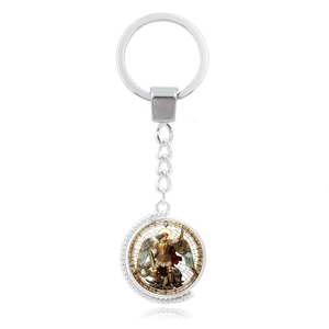 Archangel Michael double-sided rotating pendant keychain in silver-tone metal