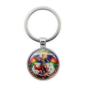 Close-up of Archangel Michael stained glass metal keychain with silver ring