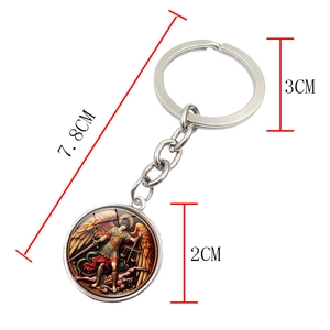 Archangel St. Michael religious glass gem keychain with silver metal ring 7.8cm