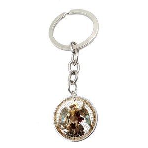 Detail of St. Michael Archangel silver keychain with religious art pendant and metal ring