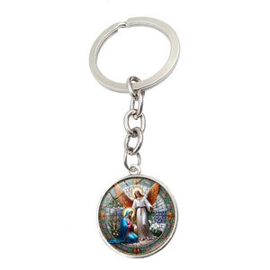 Archangel Michael glass gem keychain with artistic stained glass religious design