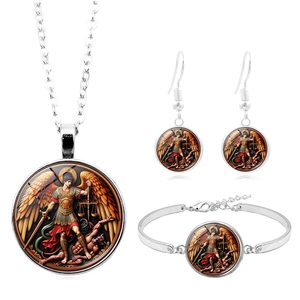 Parure bijoux Archange Saint Michel en argent avec collier boucles et bracelet