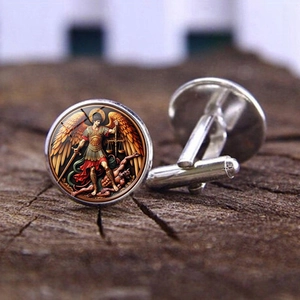 Michael The Archangel Time Gem Cufflinks Men Vintage Religious Style Glass Dome Alloy Shirt Accessory Jewelry Gift