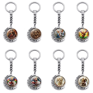 Archangel Saint Michael Rotating Moon Keychain Zinc Alloy Double Sided Religious Angel Pendant Keyring For Men Women Gift