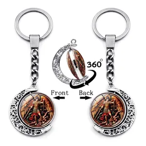 Saint Michael Archangel keychain with 360-degree rotating double-sided moon pendant