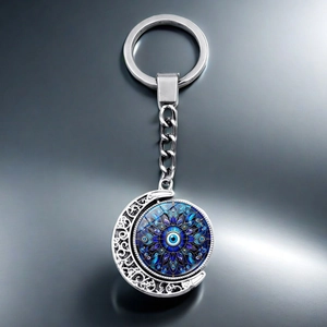 Evil eye moon keychain with silver rotating mandala pendant for creative gift ideas