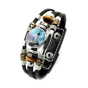 Retro multi-layer leather bracelet with lighthouse glass dome and wooden beads
